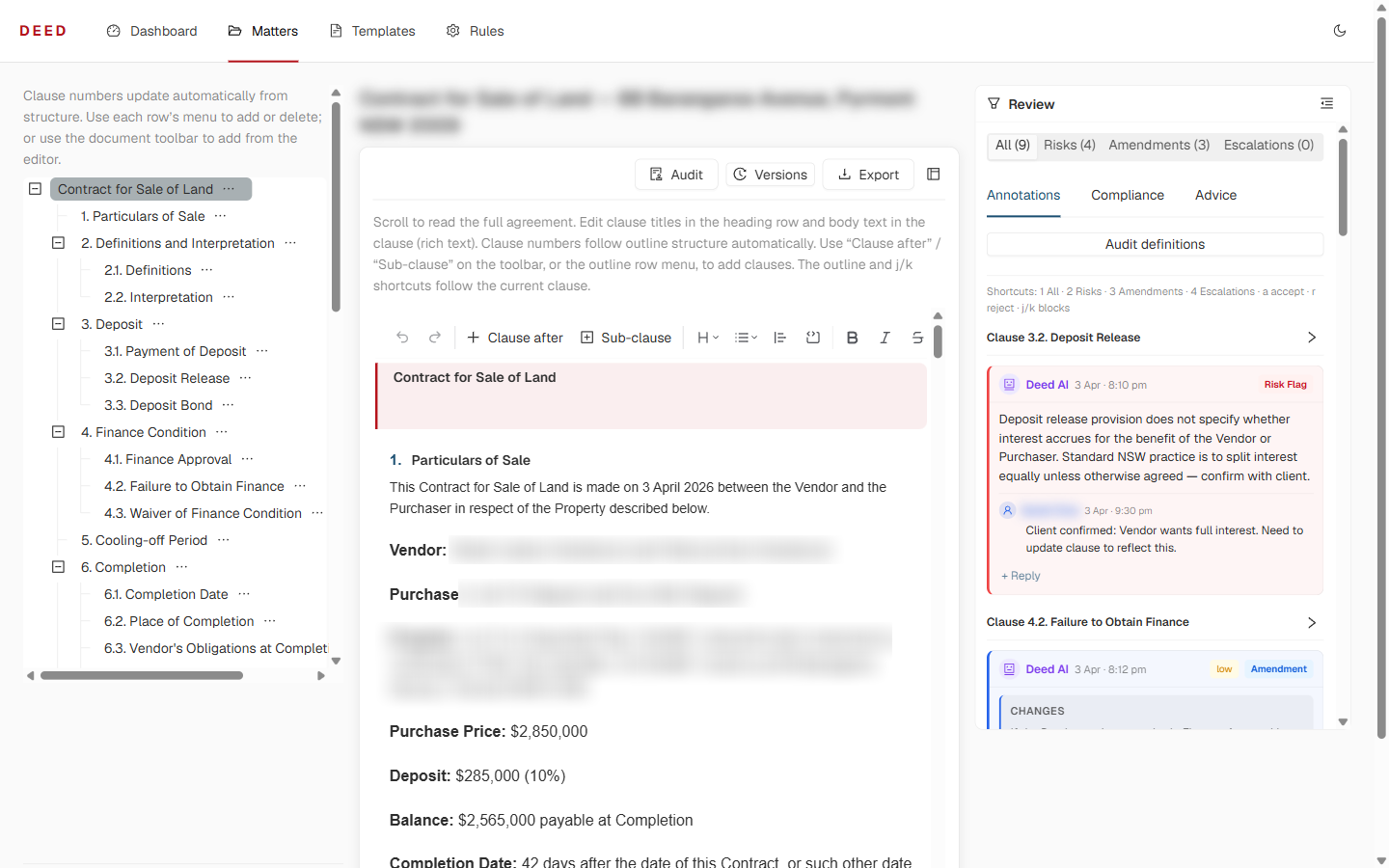 Deed contract workspace with clause tree, document, and annotated review panel