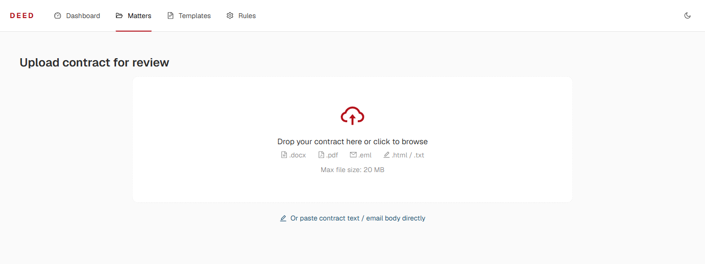 Deed upload screen accepting DOCX, PDF or scanned files